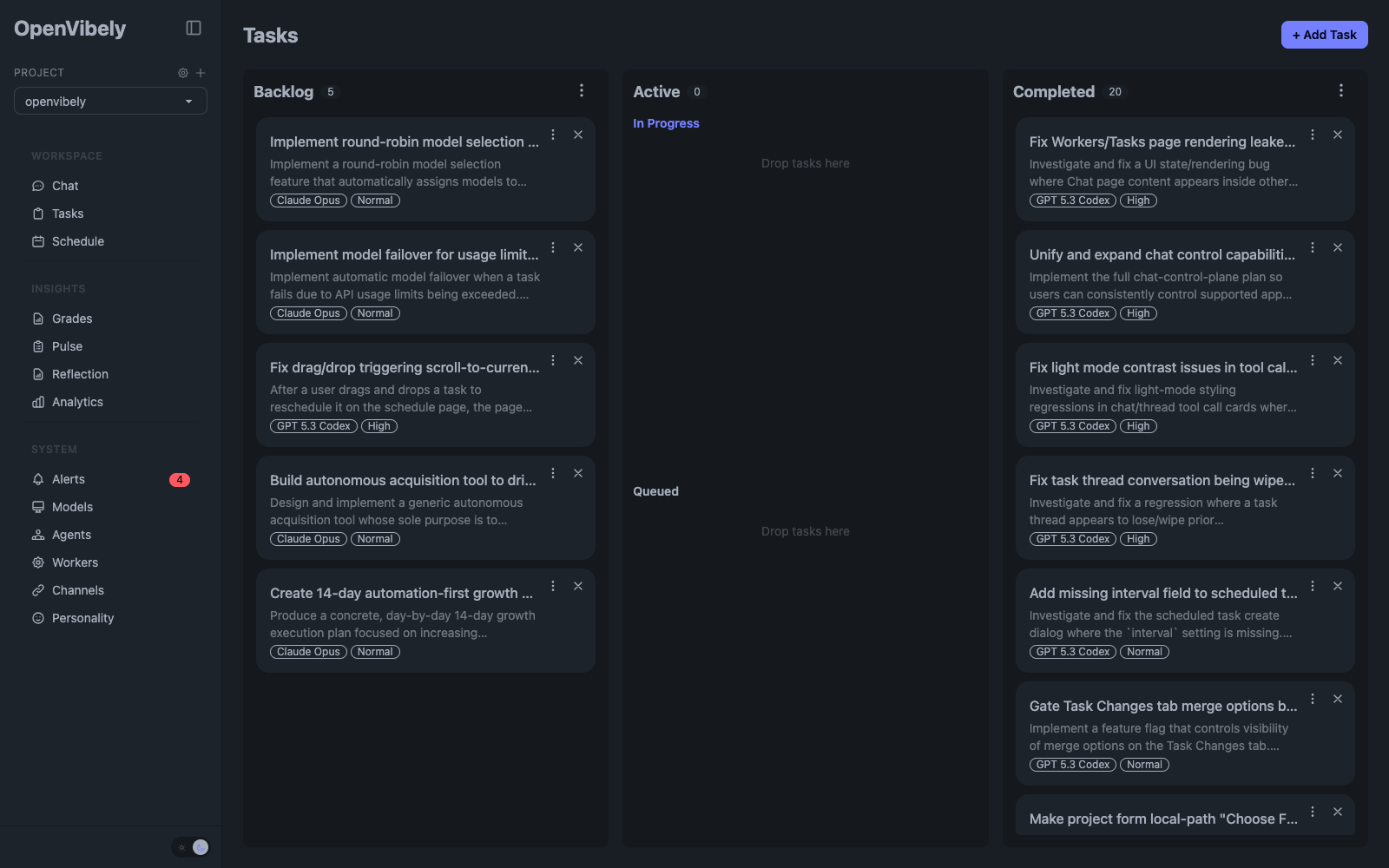 OpenVibely task board showing backlog, active, and completed engineering work